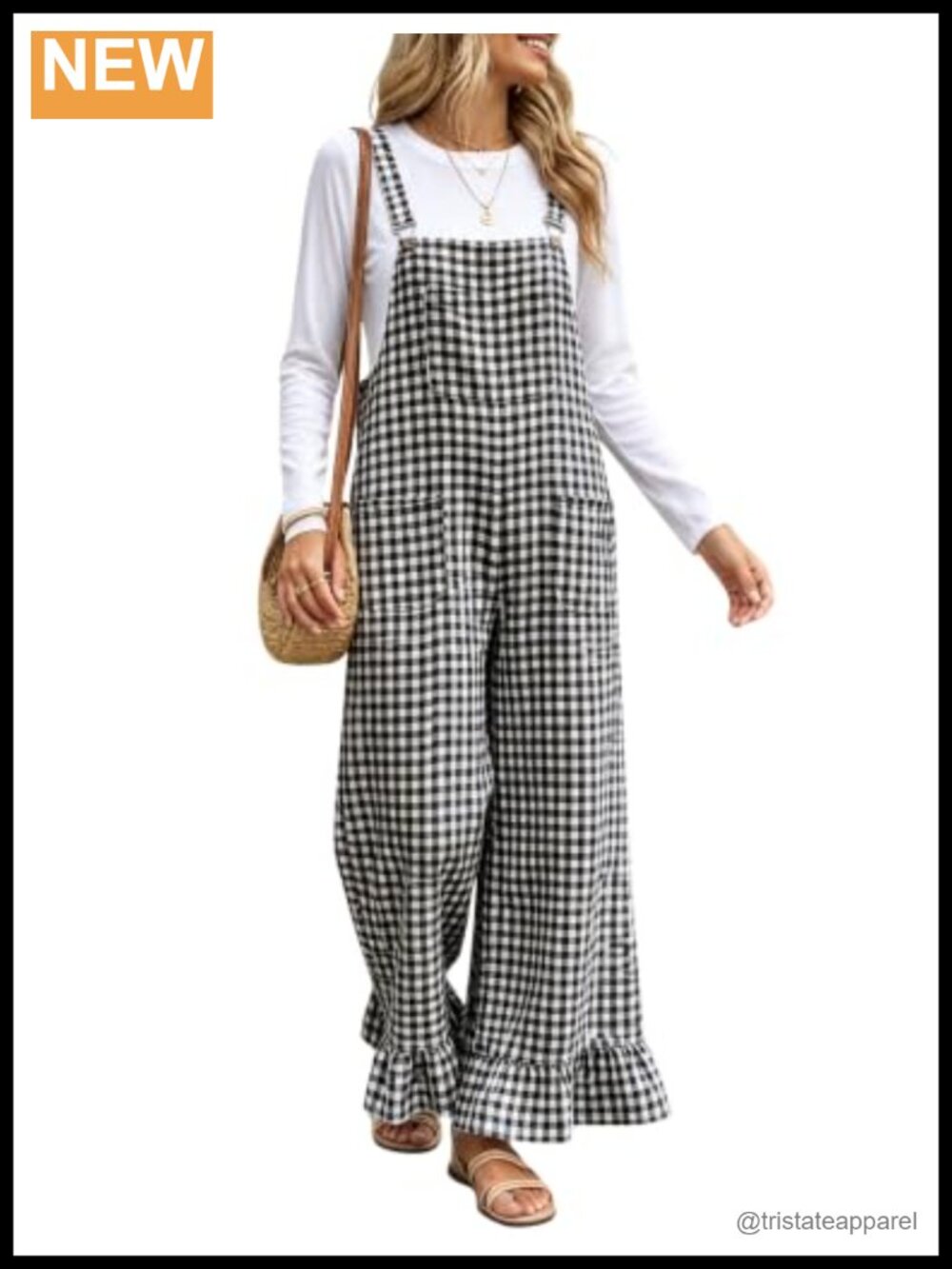 Himosyber Women's Gingham Wide Leg Overalls Ruffle Hem Boho Jumpsuit